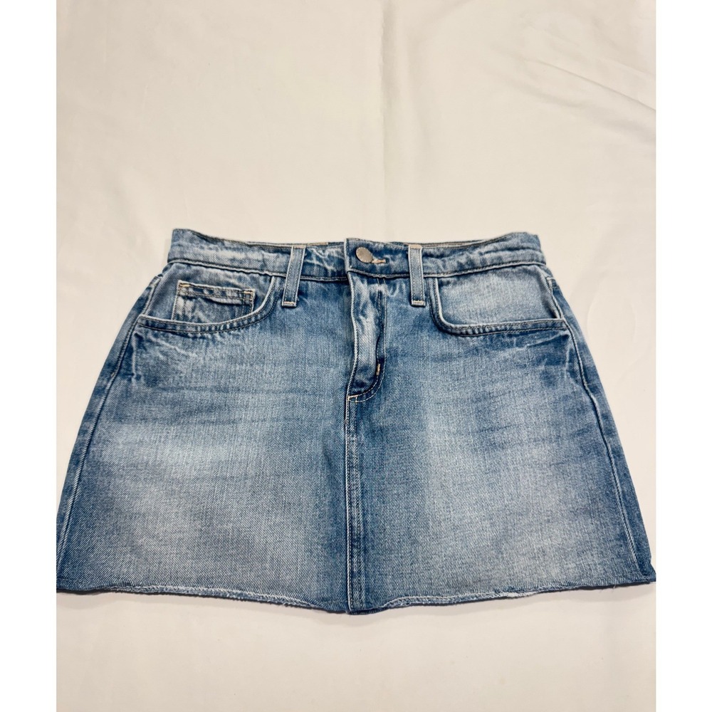 L'AGENCE Caruso Denim Mini Skirt Raw Hem High Waist Size 24 Blue Light Wash Exc